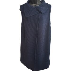 Chicos Sweater Large, Blue Sleeveless Wool Blend Cowl Neck Ribbed Warm Winter